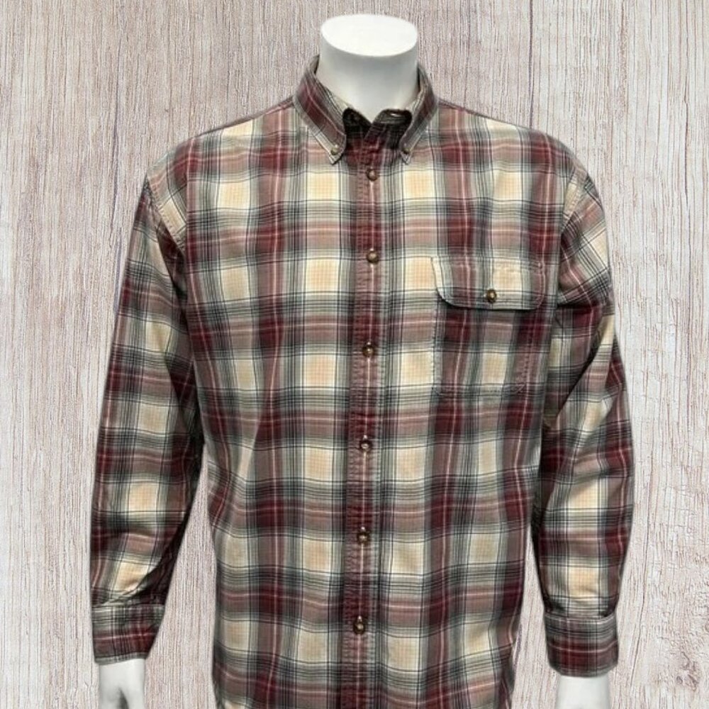 Orvis Brown Red Tan Plaid Hunting Outdoors Men's Long Sleeve Shirt Size Large